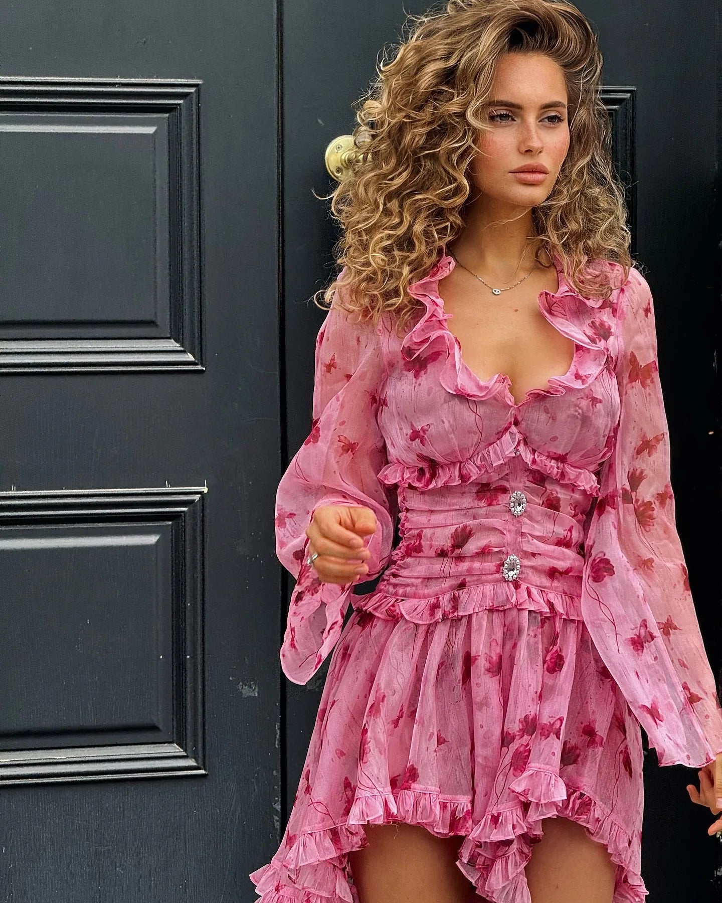 Print Cascading Ruffles A-line Dress