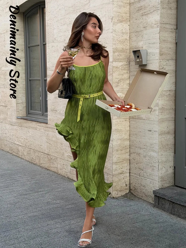Chic Women's Belt Ruffles Long Dress Asymmetric Square Collar Sleeveless Backless Pleated Dresses 2026 Summer Lady Beach Robes