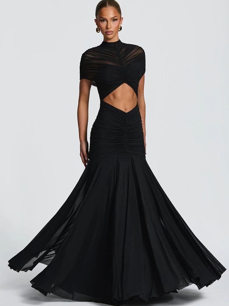 Sheer Mesh Maxi Dress Turtleneck Ruched