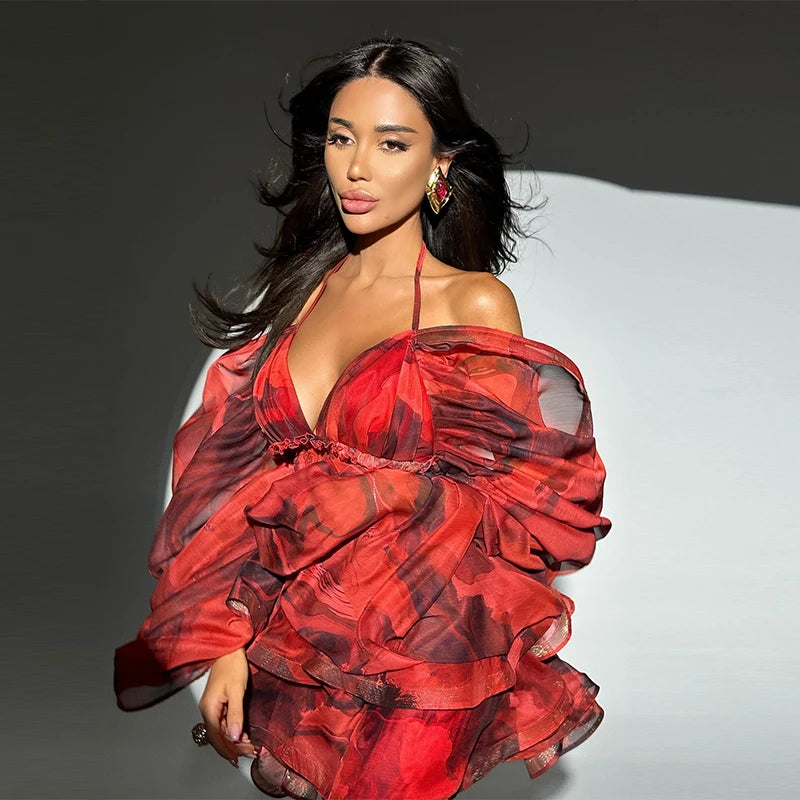 Sexy Print Cascading Ruffles A-line Dress Women Halter Bubble Sleeve Party Short Dresses 2026 Summer Lady Chic Holiday Robes