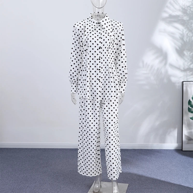 Casual Dot Shirt Pants Women Set Holidays Lapel Long Sleeve Blouse Wide Leg Pleated Trousers 2026 Spring Summer Lady Outfit