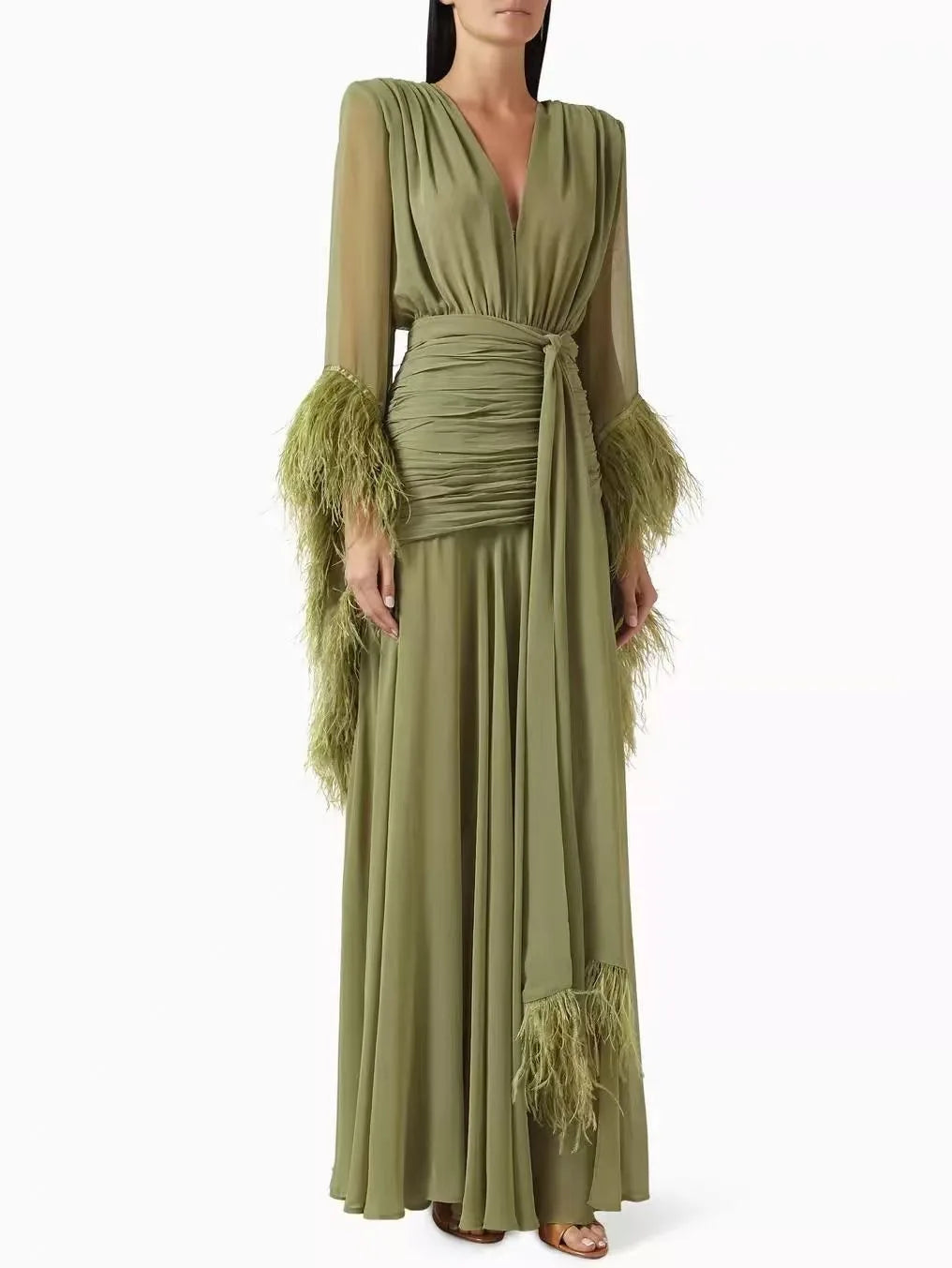 Women Elegant Solid Dress 2026 Fall V Neck Long Sleeve Feather Splicing Chiffon High Slit Slim Fit Maxi Dress Formal Party Gown