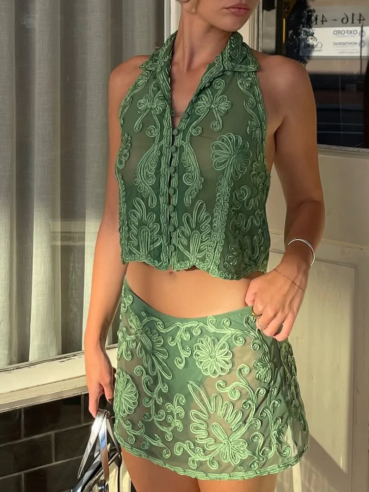 Floral Embroidery Halter Top Vest Breasted Mini Skirt Set Standing Collar Crop Women Short Tank Micro Transparent Crochet Skirts