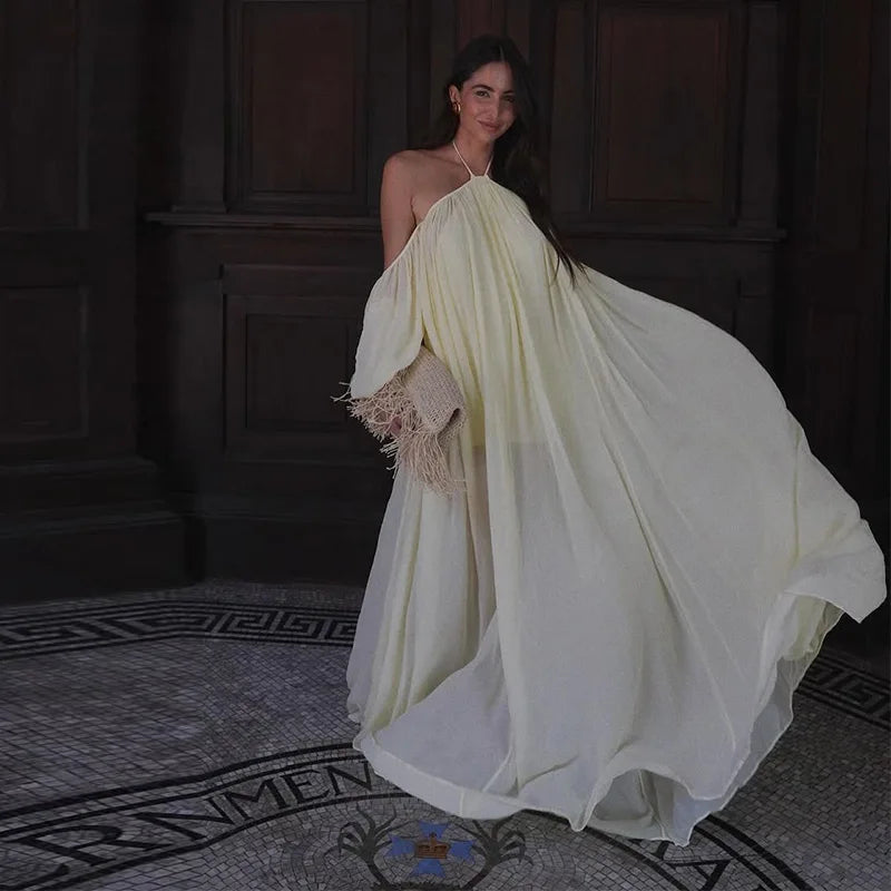Sexy Halter Backless Party Gowns Women's Yellow Big Hem Off-shoulder Long Dresses 2026 Spring New Ladies Loose Beach Robes