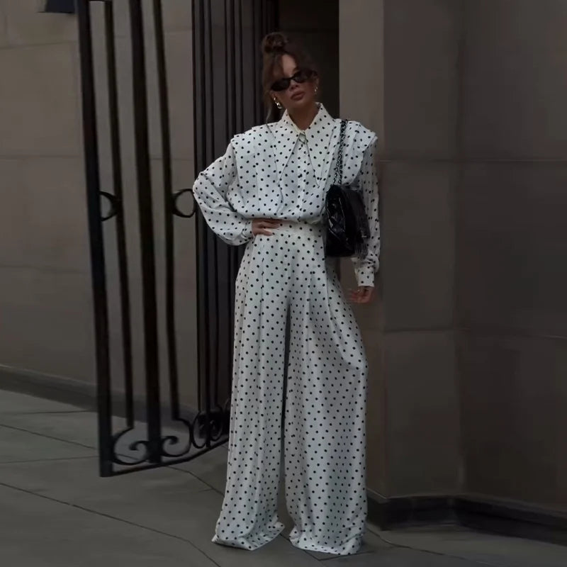 Casual Dot Shirt Pants Women Set Holidays Lapel Long Sleeve Blouse Wide Leg Pleated Trousers 2026 Spring Summer Lady Outfit