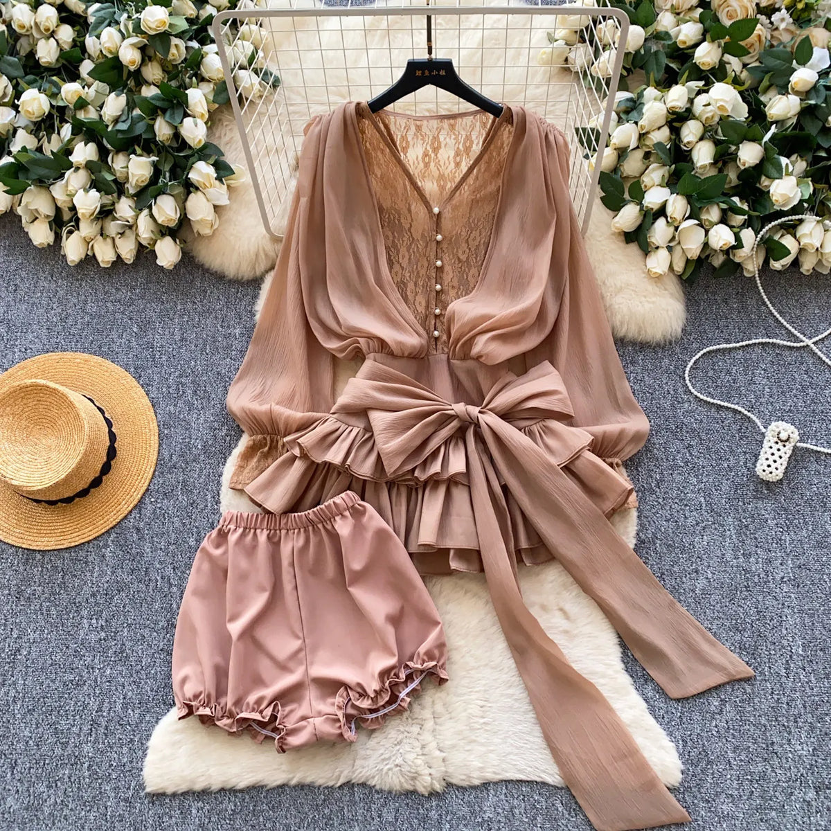 SINGREINY Fairycore Lace Chiffon Dresses With Stretch Shorts Pearl Button Bow Female Ruffles Sheer Seaside Holiday Mini Dress