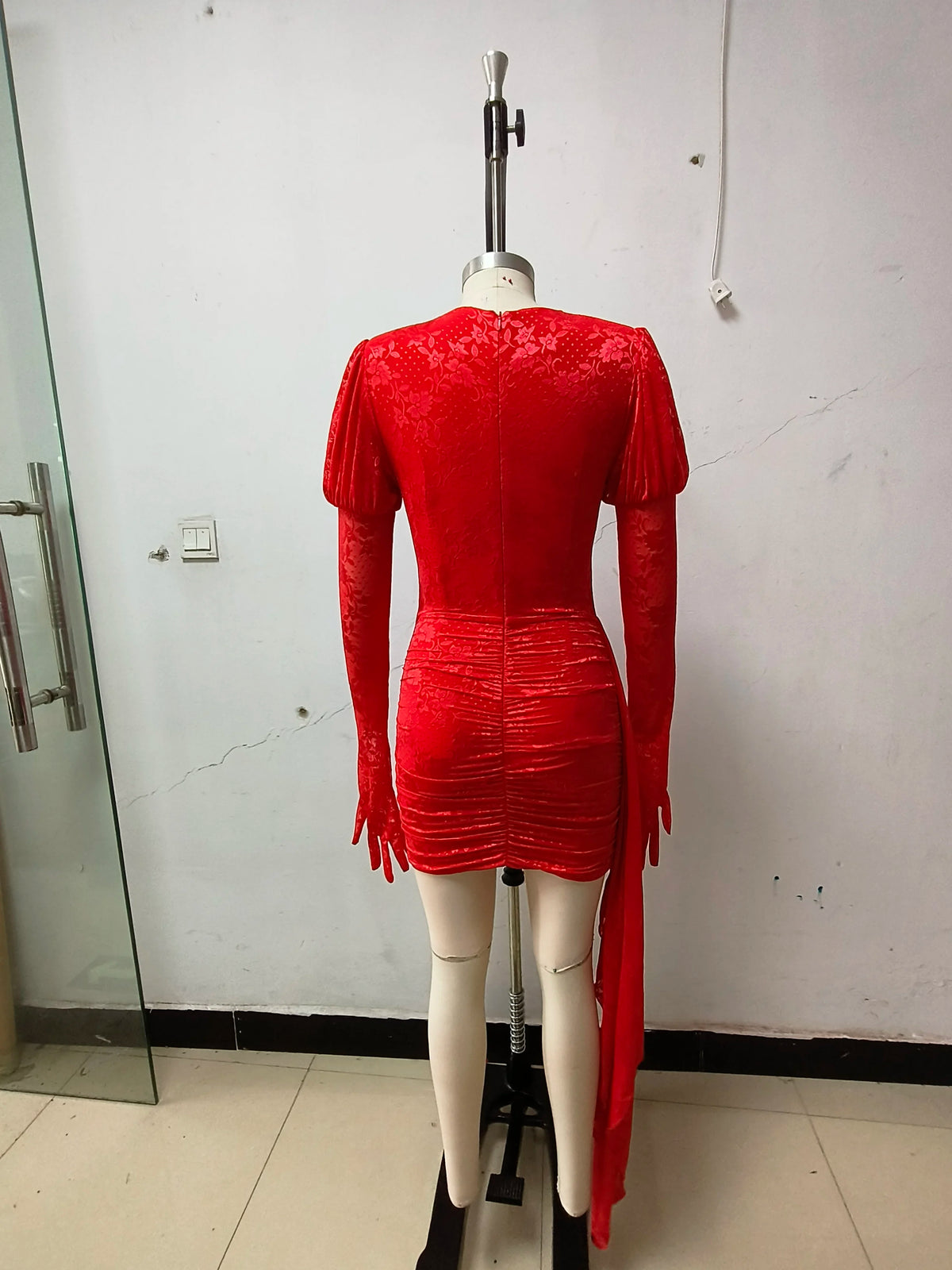 2024 New Fashion Red White Women Gloves Sexy Bodycon Mini Draped Dress Nightclub Party Bar Singer Birthday Celebrate Dress