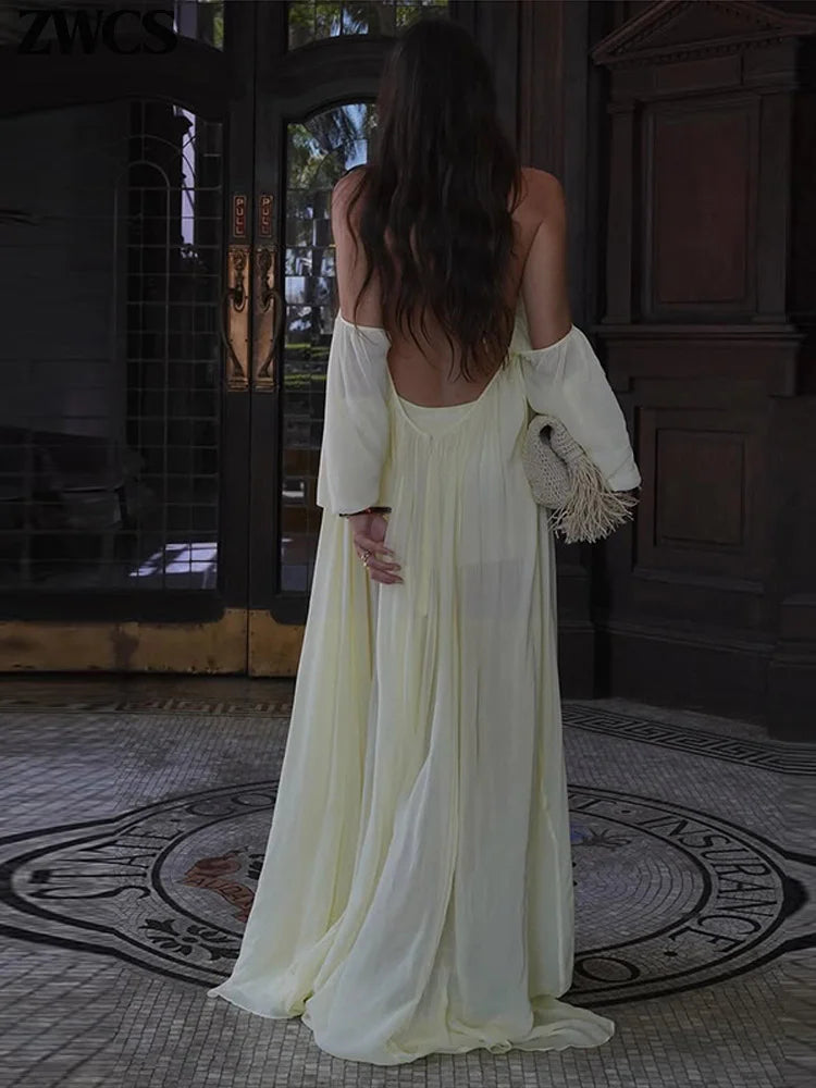Sexy Halter Backless Party Gowns Women's Yellow Big Hem Off-shoulder Long Dresses 2026 Spring New Ladies Loose Beach Robes