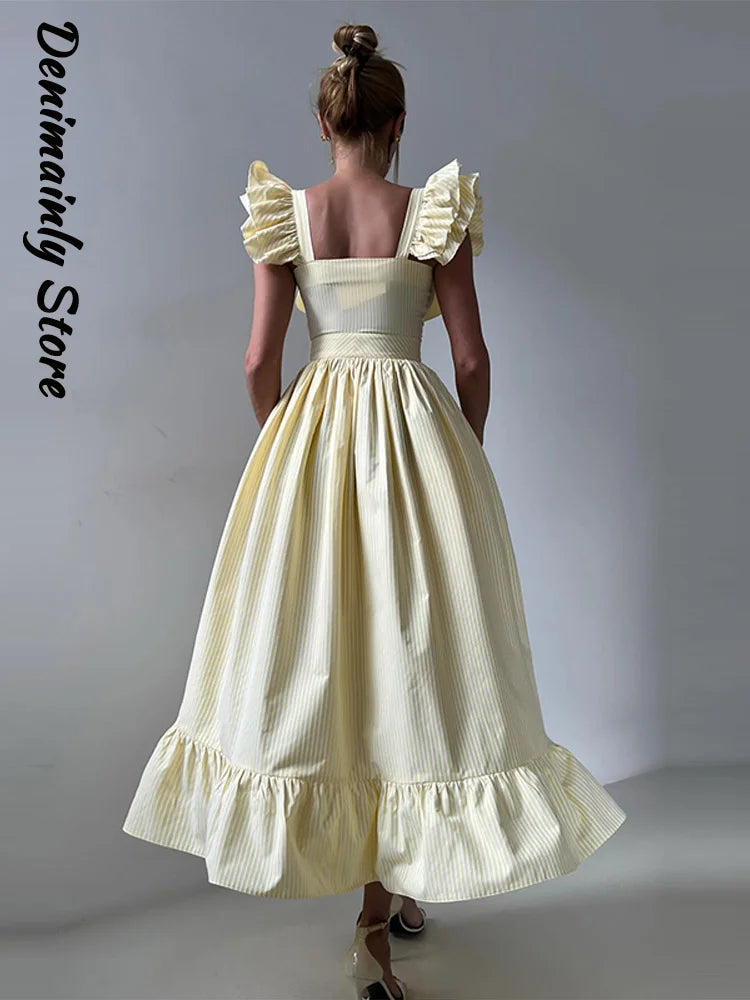 Elegant Striped Ruffled Women's Long Dress Square-Neck Single Breasted Flying Sleeve Dresses 2026 Summer Lady Party Beach Robes