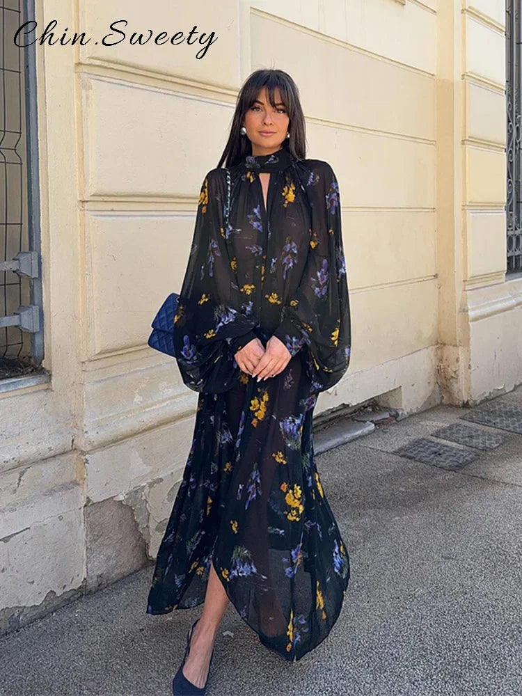 Elegant Cascading Ruffles Short Dresses Women Loose Blue Turtleneck Flare Sleeve Dress 2025 Spring Summer Lady Vacation Robes