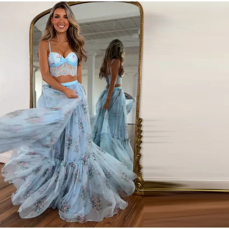 Floral Printed Women's Dress Lace Patchwork Spaghetti Strap Cami Top Female Tulle Ruffle Maxi Skirt Party Beach Dresses For Lady