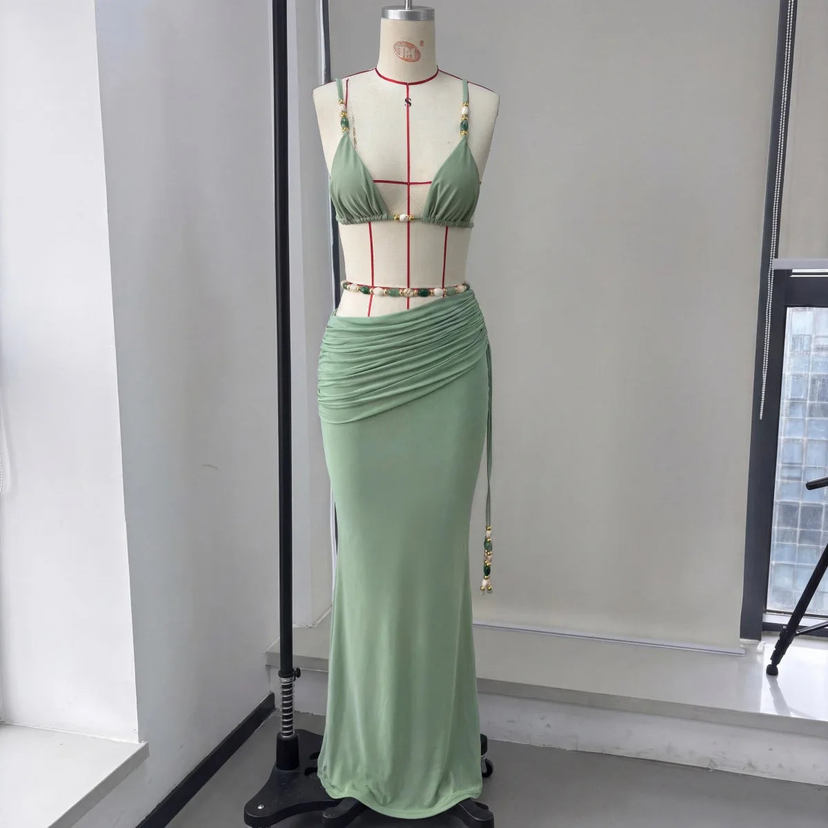 Beads 3Pcs Green Bikini Sexy Women Bandeau Biquini Female Swimsuit Push Up Swimwear Mesh Skirt Bathing Suits Cover Up Beachwear