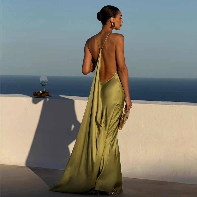 Sexy Women's Satin Solid Long Dress Swing Collar Sleeveless Backless Spaghetti Strap Slit Dresses 2026 Summer Evening Lady Robes