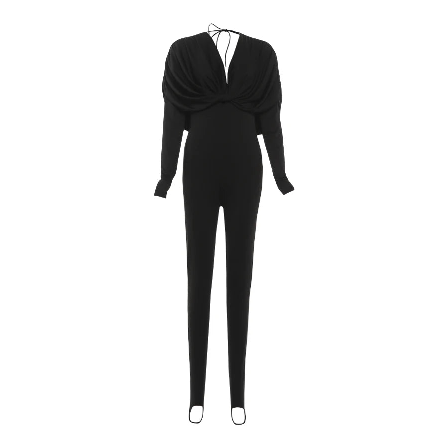 Nibber Office Style Casual Fashion Jumpsuit Woman Folds Low-Neck Full Sleeve High Waist Skinny Peach Hip Street Classic Overalls
