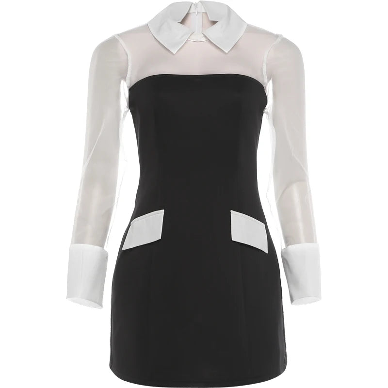 Nibber Full Sleeve Dress Women Fashion Mesh Patchwork Sexy Color Blocking Turn Down Collar Elegant Party Club Autumn Bodycon