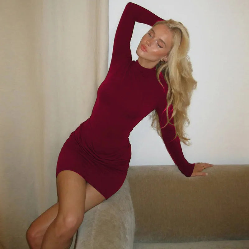 Stand Collar Fold Bodycon Mini Dress Women Autumn Winter Long Sleeve Solid Black Dresses Streetwear Elegant Chic Female Robes