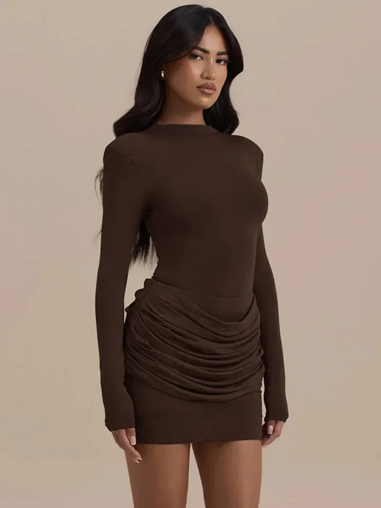 XIAOTANG Long Sleeve Ruched Sexy Mini Dress Women Autumn Winter New Elegant High Waist Bodycon Club Party Dresses Female