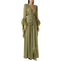 Women Elegant Solid Dress 2026 Fall V Neck Long Sleeve Feather Splicing Chiffon High Slit Slim Fit Maxi Dress Formal Party Gown