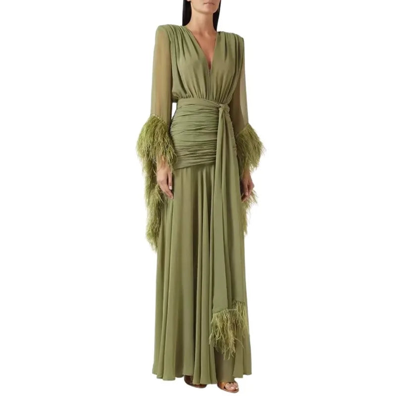 Women Elegant Solid Dress 2026 Fall V Neck Long Sleeve Feather Splicing Chiffon High Slit Slim Fit Maxi Dress Formal Party Gown