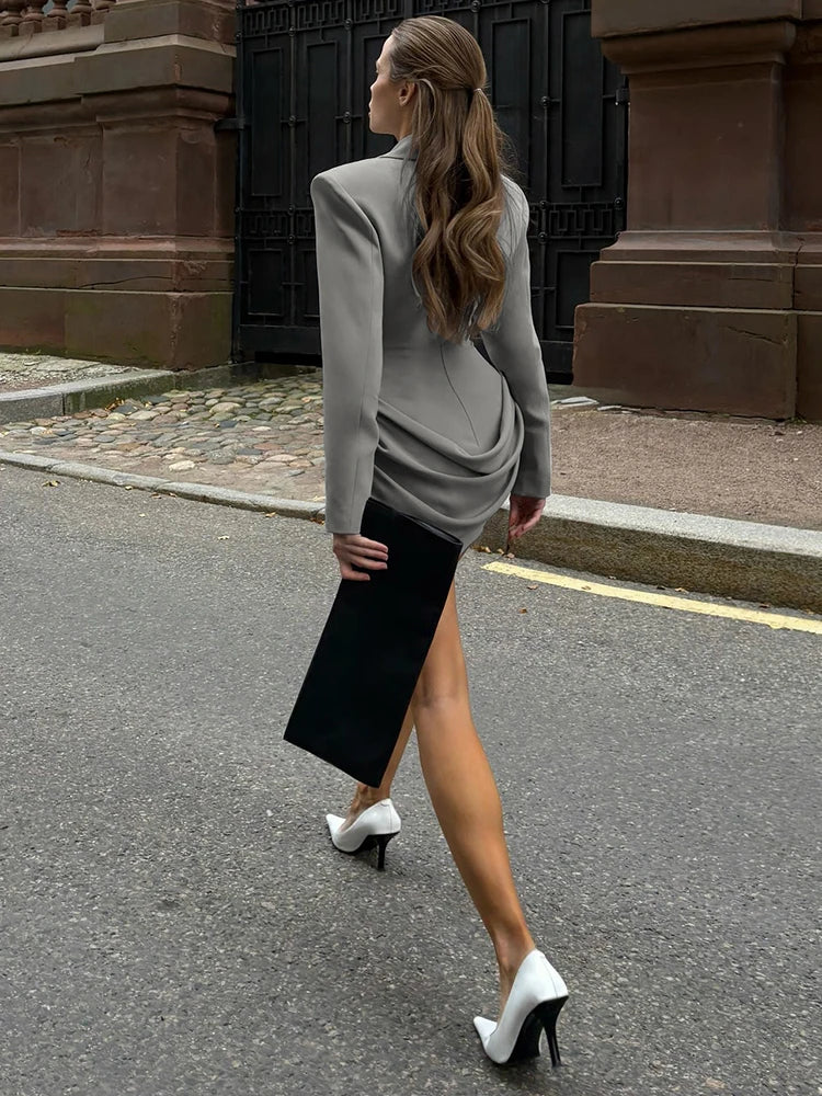 Nibber Office Dress Women Lapel Irregular Hem Full Sleeve Skinny Solid Simple Classic Elegant Autumn Trend Commute Mini Bodycon