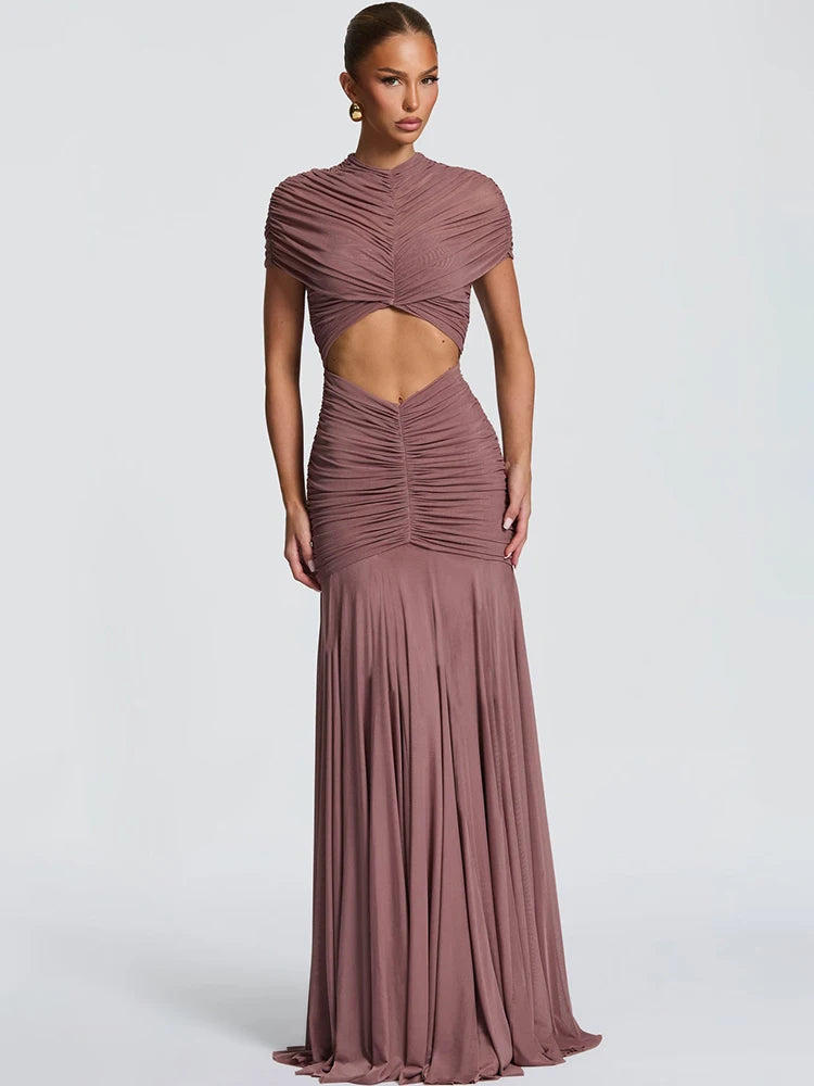 Sheer Mesh Maxi Dress Turtleneck Ruched