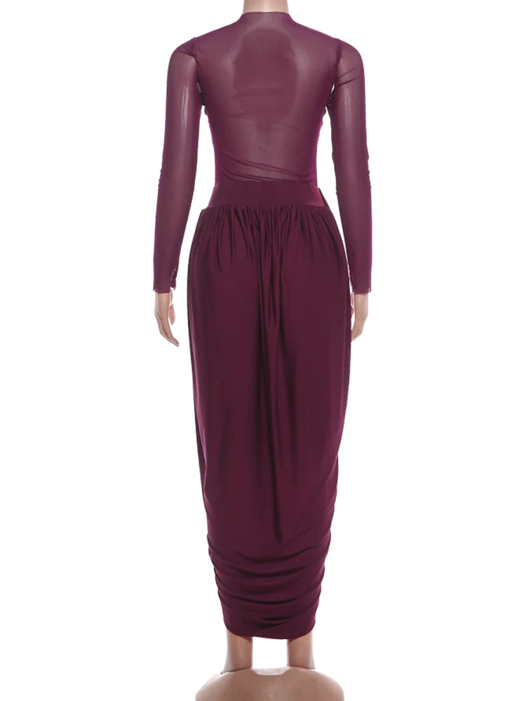 Weird Puss Wrapped Sexy Dress Women Mesh Patchwork Split Ruched Elegant Full Sleeve Trend Birthday Banquet Party Maxi Bodycon