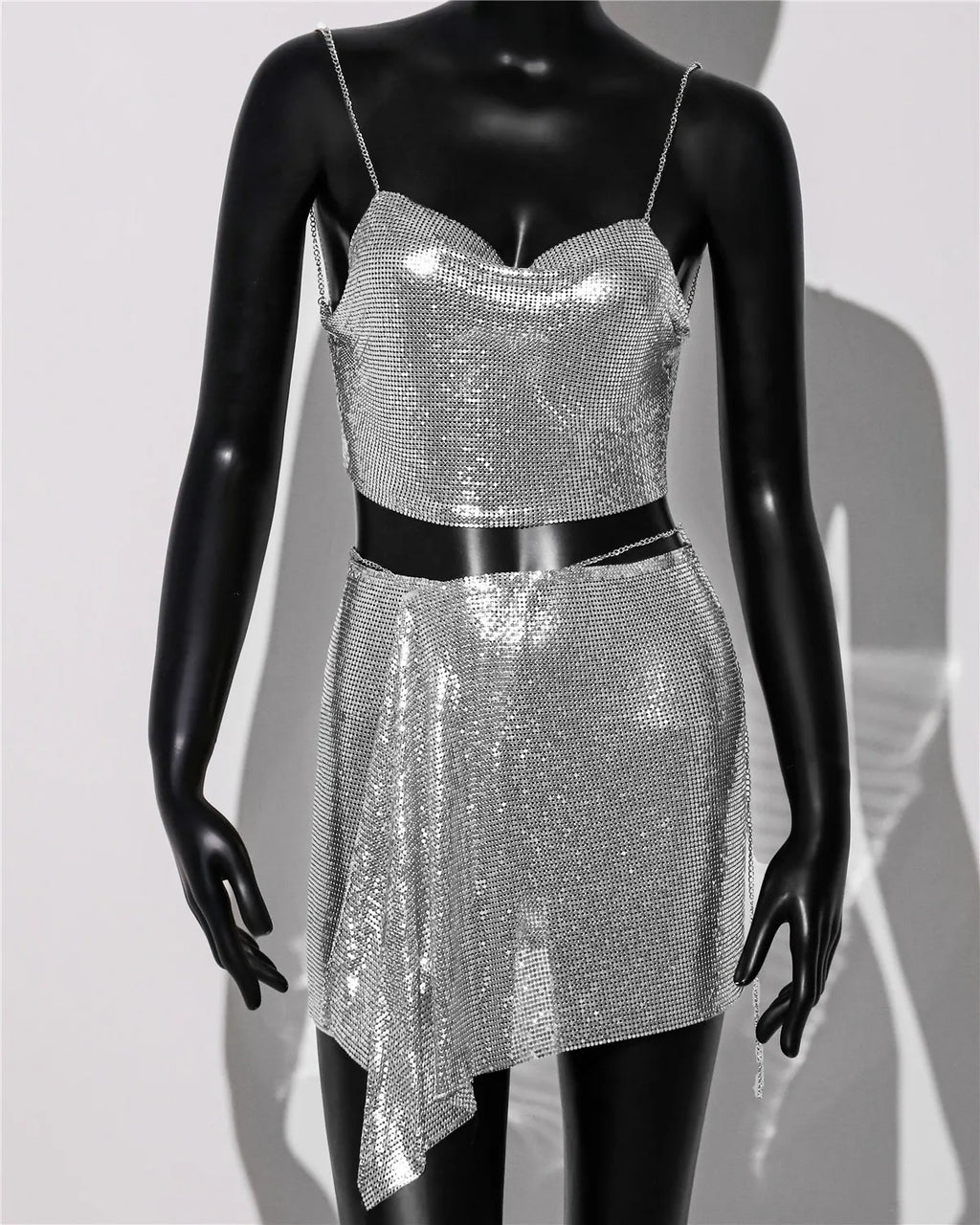 Metal Sequins Sleeveless Halter Skirts Set