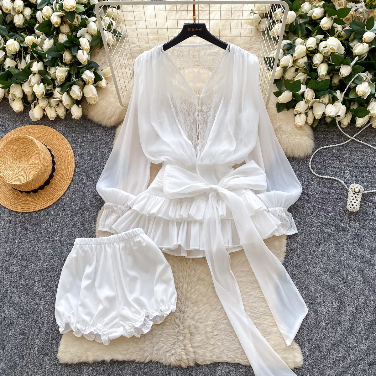 SINGREINY Fairycore Lace Chiffon Dresses With Stretch Shorts Pearl Button Bow Female Ruffles Sheer Seaside Holiday Mini Dress