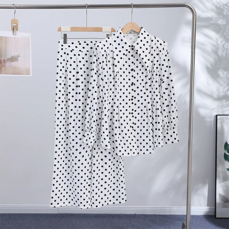Casual Dot Shirt Pants Women Set Holidays Lapel Long Sleeve Blouse Wide Leg Pleated Trousers 2026 Spring Summer Lady Outfit