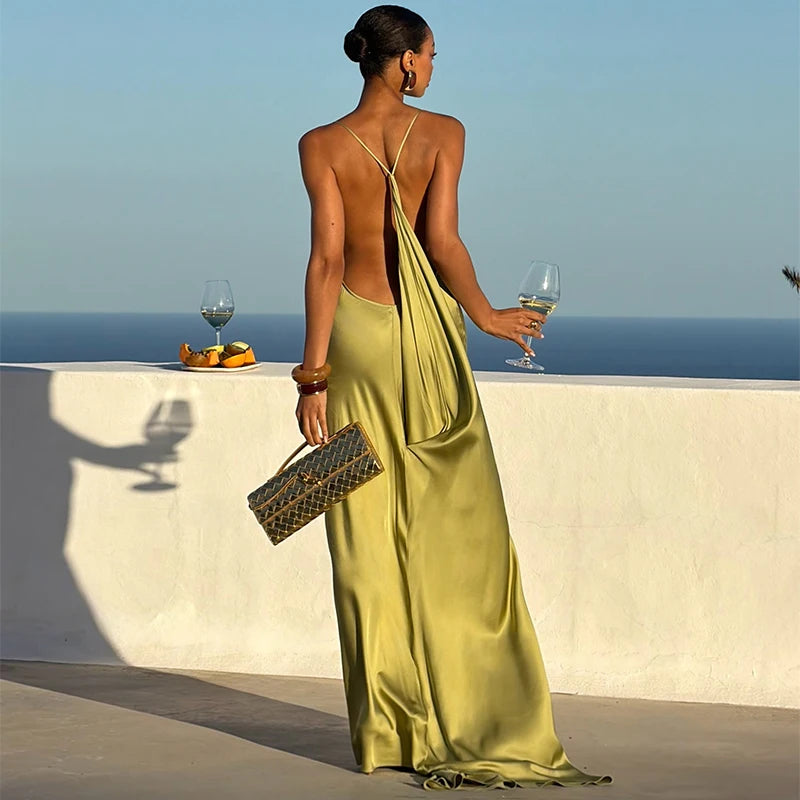 Sexy Women's Satin Solid Long Dress Swing Collar Sleeveless Backless Spaghetti Strap Slit Dresses 2026 Summer Evening Lady Robes