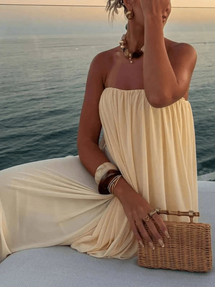 Strapless Pleated Maxi Sleeveless  Long Dresses