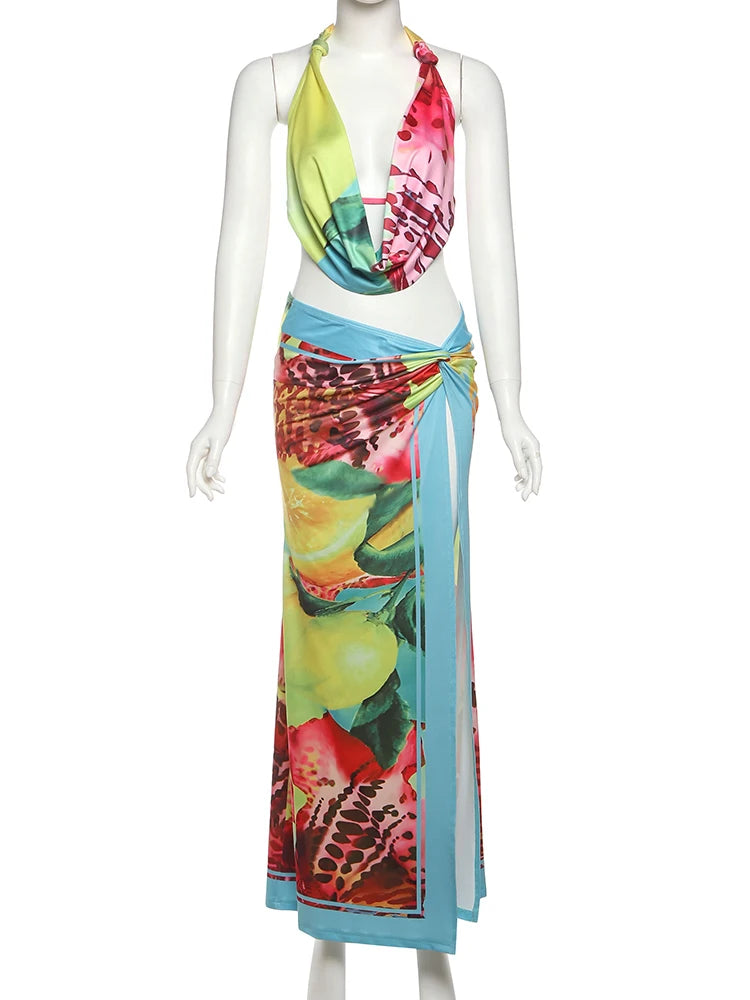 Nibber Sexy Colorful Leopard Women 2Piece Set Y2K Beach Vacation Halter Tank Tops+Wrapped Maxi Skirts Matching Vacation Clubwear