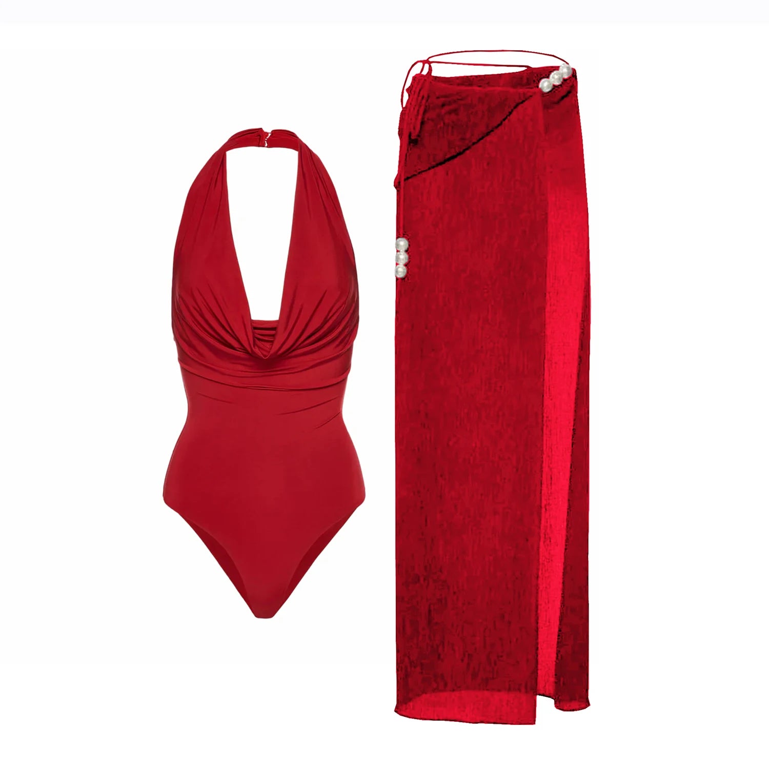 Flower Ruffle Swimsuit With Cover Up Luxury Woman Swimsuit Sexy Swimwear V Neck Swim Suit Red Bikini Sliming Bodysuit Beachwear