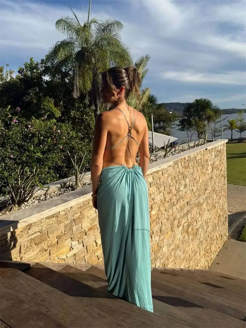 Halter Deep V Neck Maxi Dress Backless