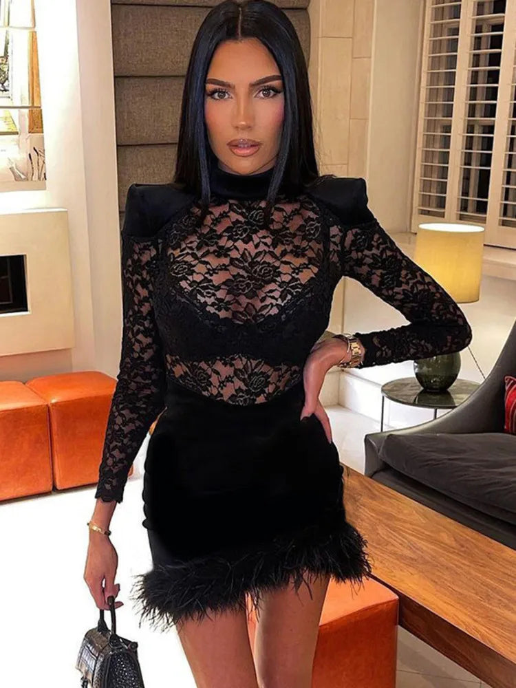 Lace Print See Through Mini Dress