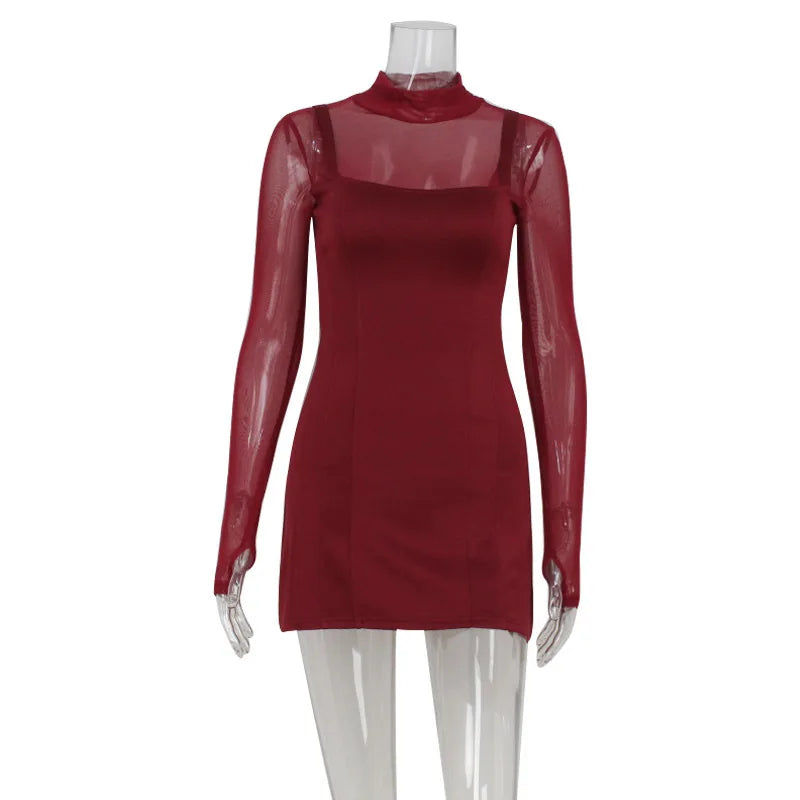 Sexy Women's Burgundy Mini Dress Luxury Turtleneck Transparent Long Sleeve A-line Short Dresses Evening Party Prom Cocktai New