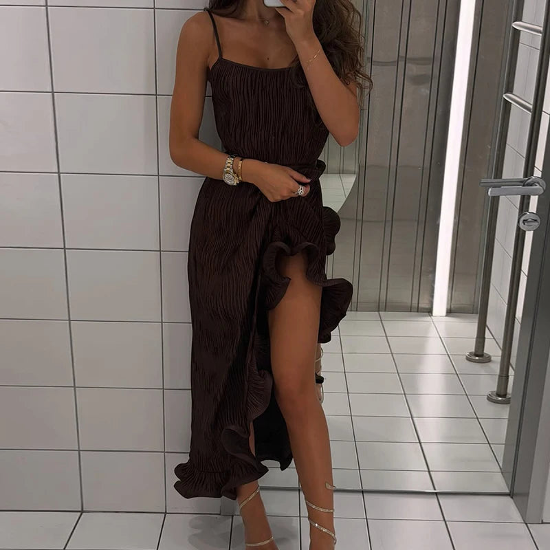 Chic Women's Belt Ruffles Long Dress Asymmetric Square Collar Sleeveless Backless Pleated Dresses 2026 Summer Lady Beach Robes