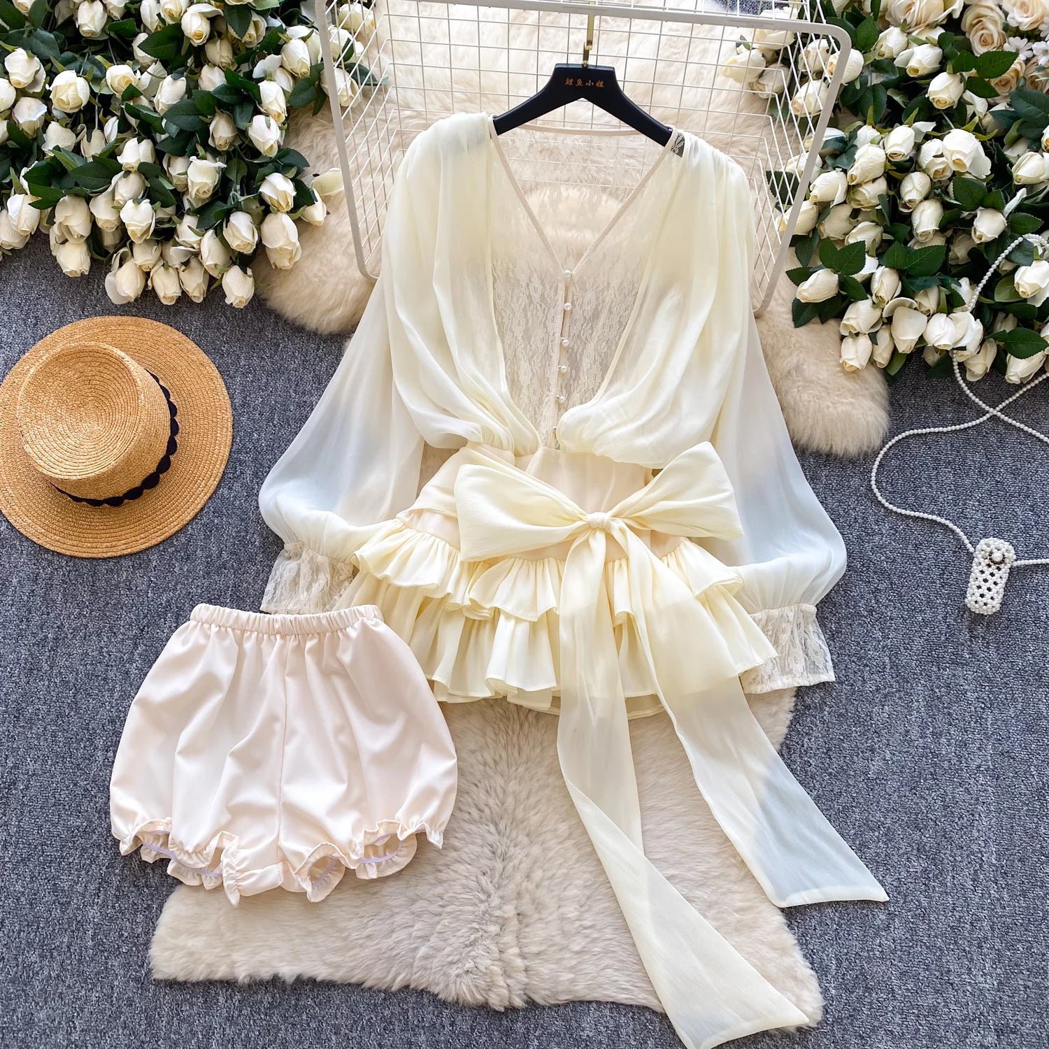 SINGREINY Fairycore Lace Chiffon Dresses With Stretch Shorts Pearl Button Bow Female Ruffles Sheer Seaside Holiday Mini Dress