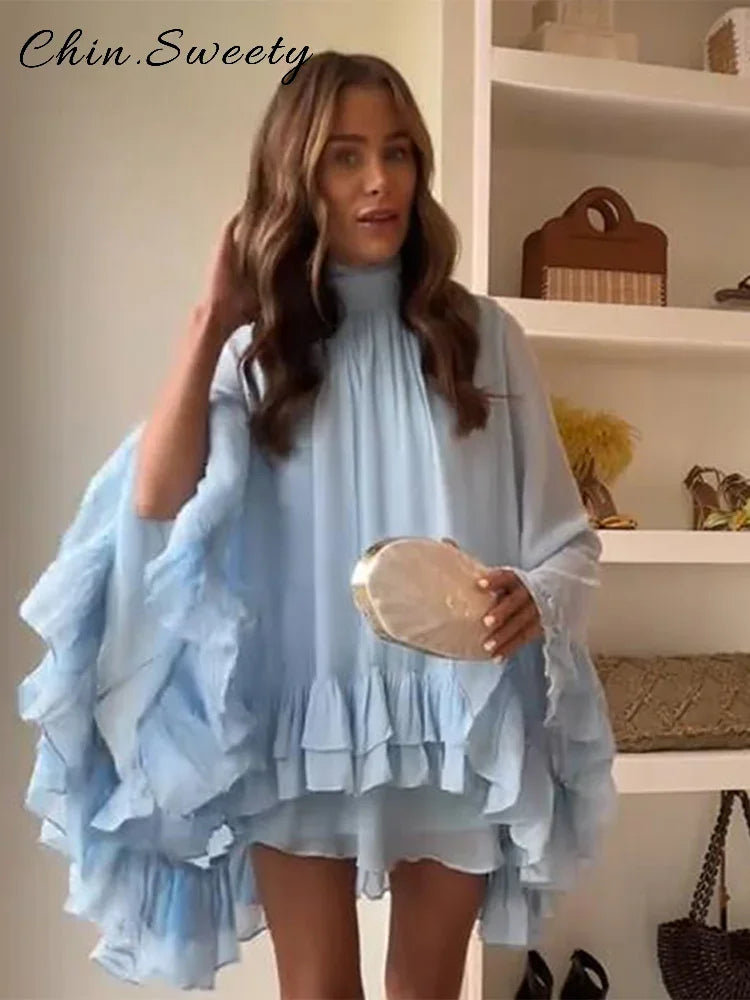 Elegant Cascading Ruffles Short Dresses Women Loose Blue Turtleneck Flare Sleeve Dress 2025 Spring Summer Lady Vacation Robes