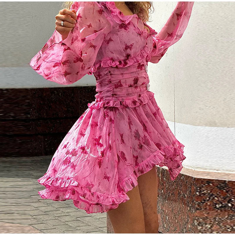 Sexy Print Cascading Ruffles A-line Dress Women Halter Bubble Sleeve Party Short Dresses 2026 Summer Lady Chic Holiday Robes