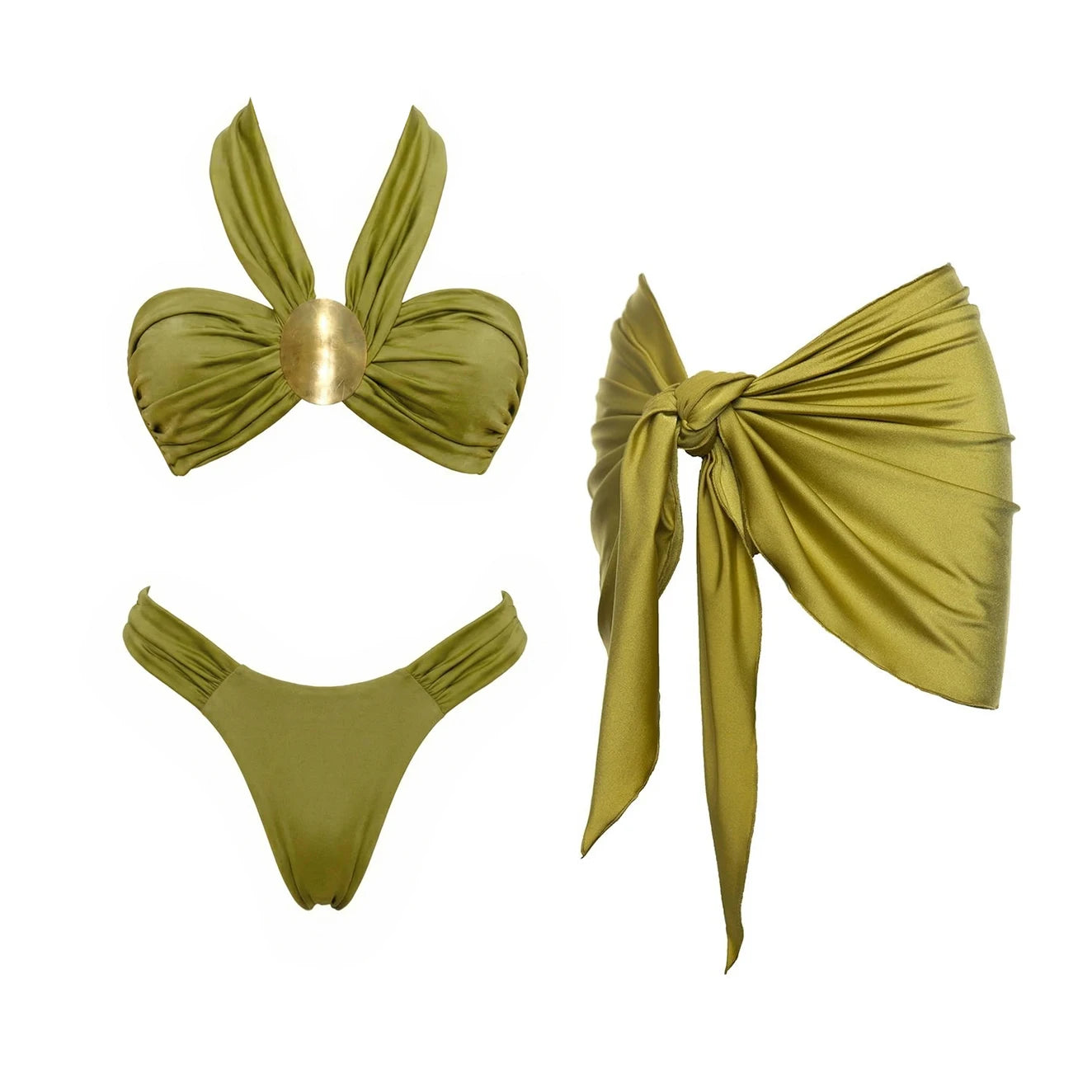 Bandeau 3Pcs Biquini Sexy Bikini Women Swimsuit Push Up Swimwear Female Strappy Bathing Suits Green Bodysuit Beachwear Swim Suit