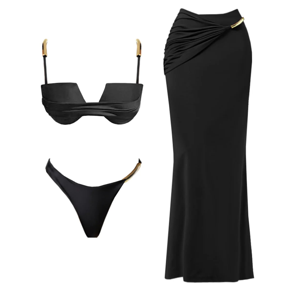 3Pcs Push Up Bikini 2026 New Swimsuit Women Sexy Swimwear Female Bandeau Biquini Solid Black Bathingsuit Swimming Suit Beachwear