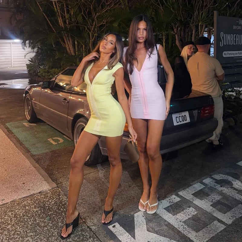 Sexy V-Neck Women's Dress Elastic Sleeveless Zippers Hip Package Lady Mini Dresses 2026 Summer Autumn Female Party Robe