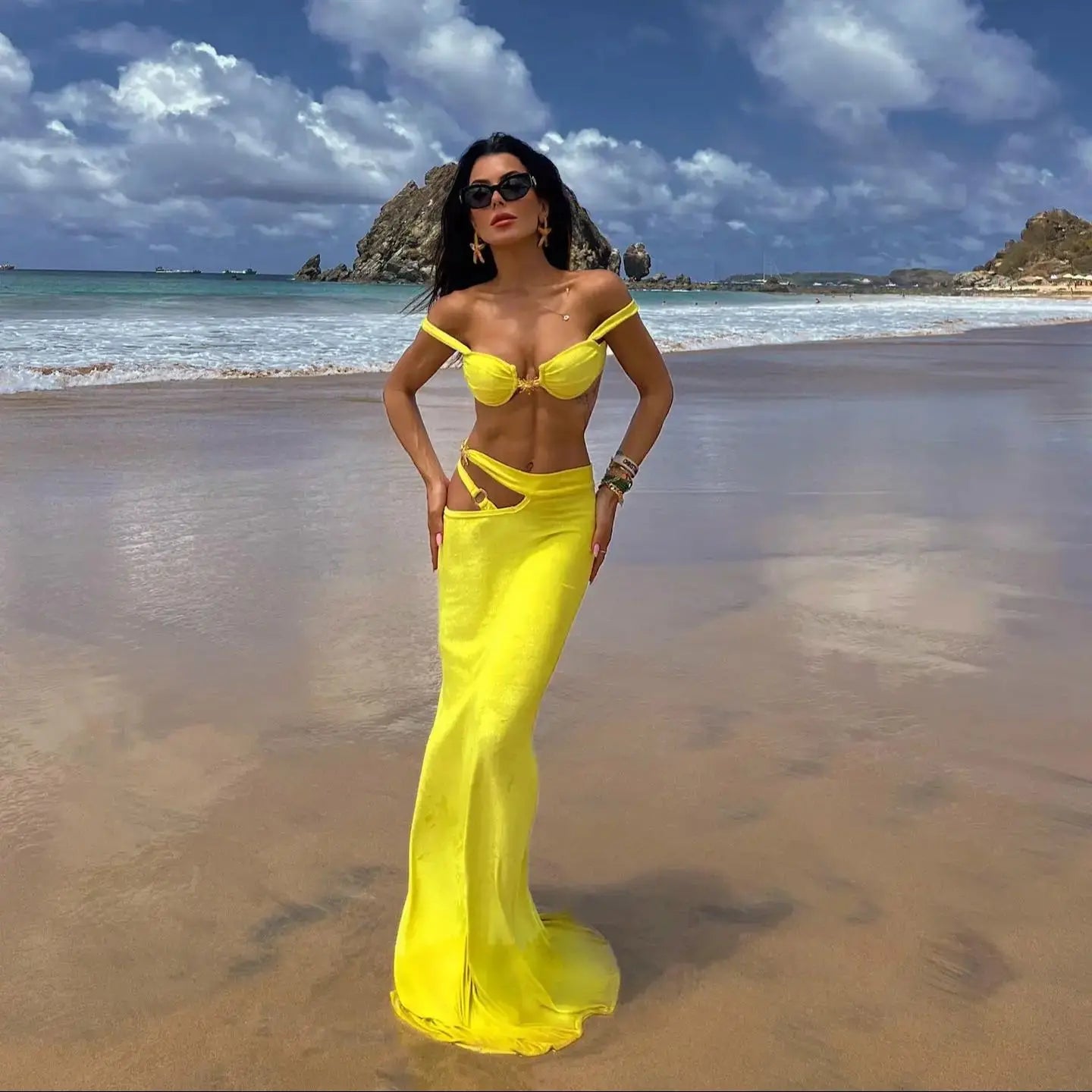 2024 3PC Shiny Bandeau Biquini With Cover Up Sexy Swimsuit Woman Swimwear Off Shoulder Swim Suit Star Bikini Bodysuit Beachwear