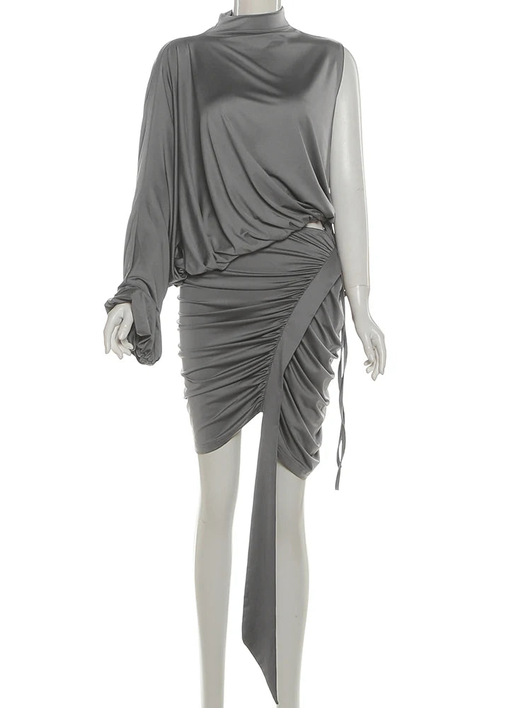 Nibber Asymmetry 2-Piece Set Women Mock Turtleneck One Sleeve Drawstringtops+Folds Tassel Irregular Hem Skirts Elegant Chic Suit