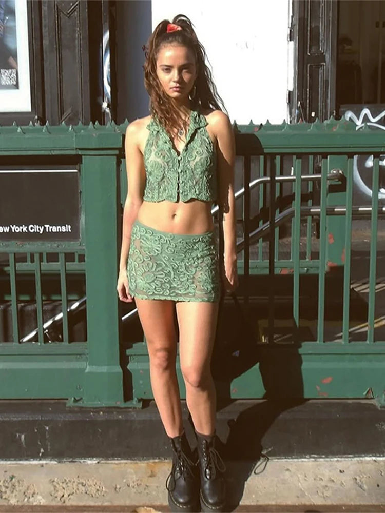 Floral Embroidery Halter Top Vest Breasted Mini Skirt Set Standing Collar Crop Women Short Tank Micro Transparent Crochet Skirts