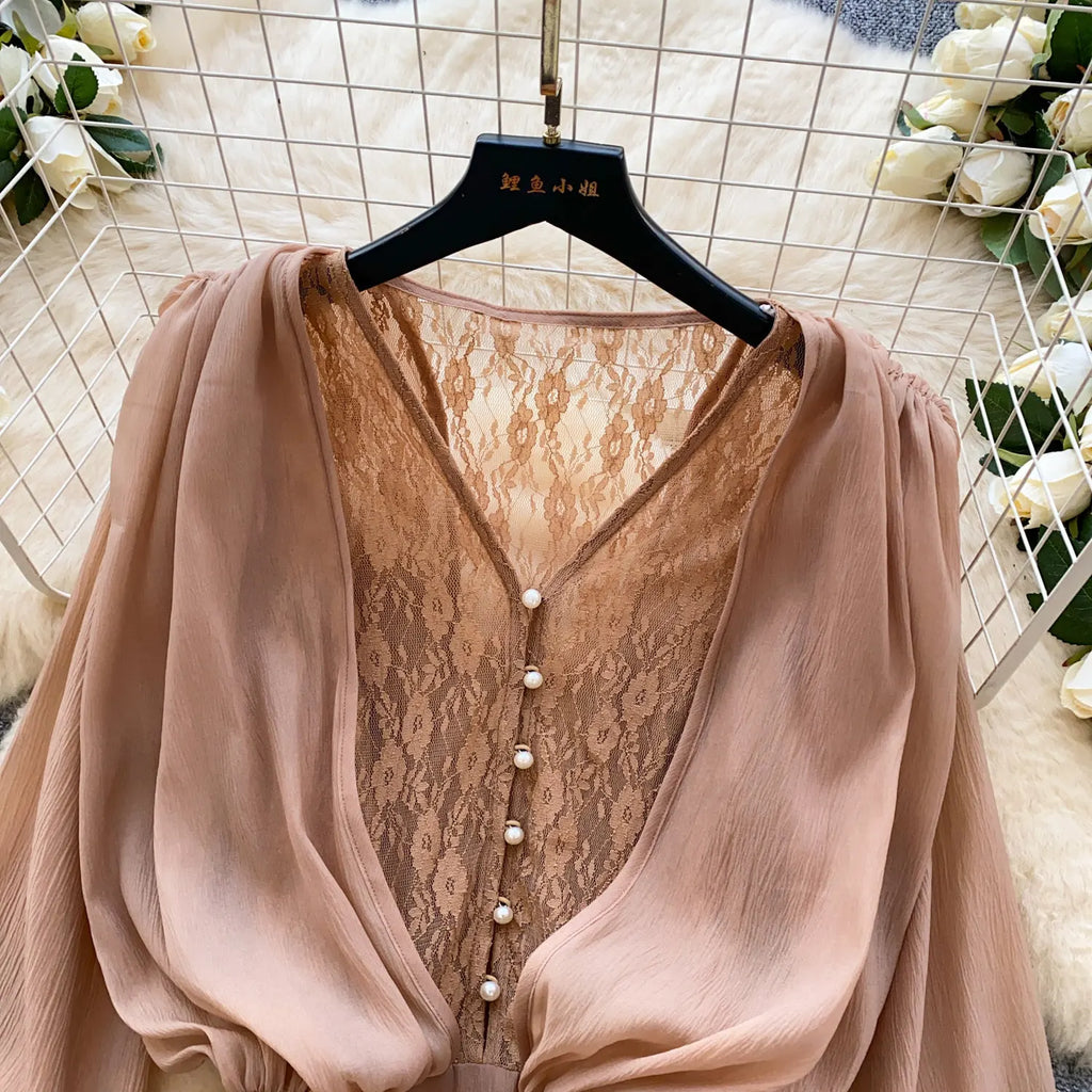 SINGREINY Fairycore Lace Chiffon Dresses With Stretch Shorts Pearl Button Bow Female Ruffles Sheer Seaside Holiday Mini Dress