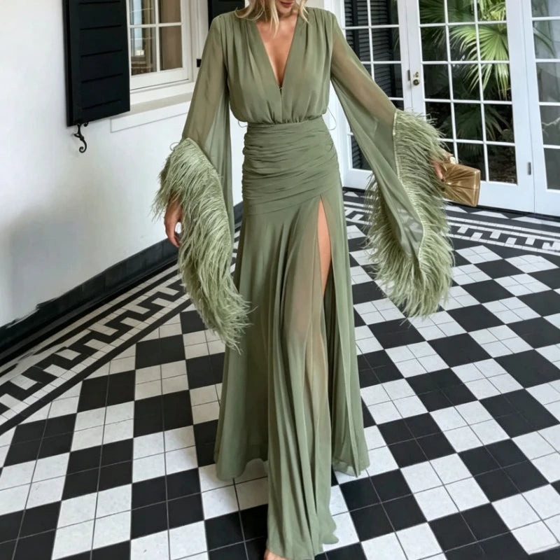 Women Elegant Solid Dress 2026 Fall V Neck Long Sleeve Feather Splicing Chiffon High Slit Slim Fit Maxi Dress Formal Party Gown