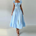 Elegant Striped Ruffled Women's Long Dress Square-Neck Single Breasted Flying Sleeve Dresses 2026 Summer Lady Party Beach Robes