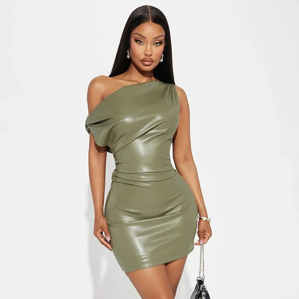 Luxury Leather Strapless Short Dress Chic Womens Summer Sexy Party Waist Curvy Dresses 2025 Evening Red Green Brown Y2K Cocktail